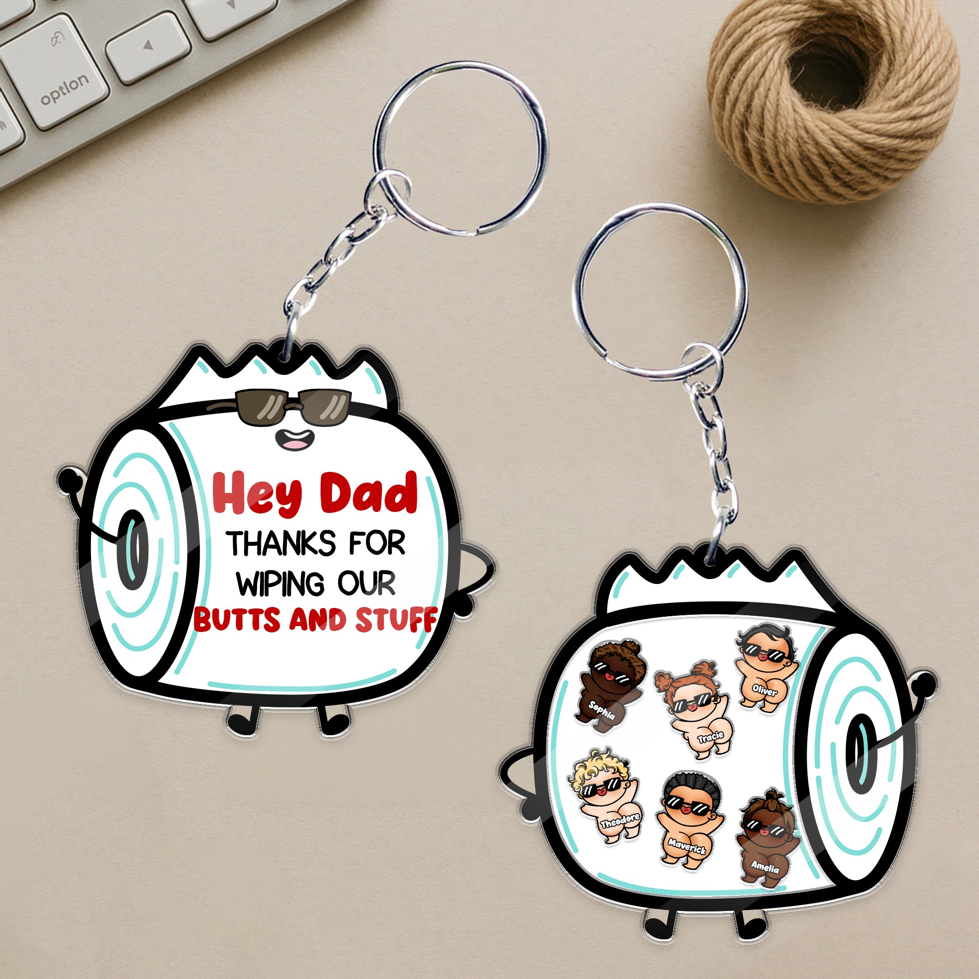 Personalized Acrylic Shaker Keychain - Father's Day Gift featuring funny toilet paper design and custom characters