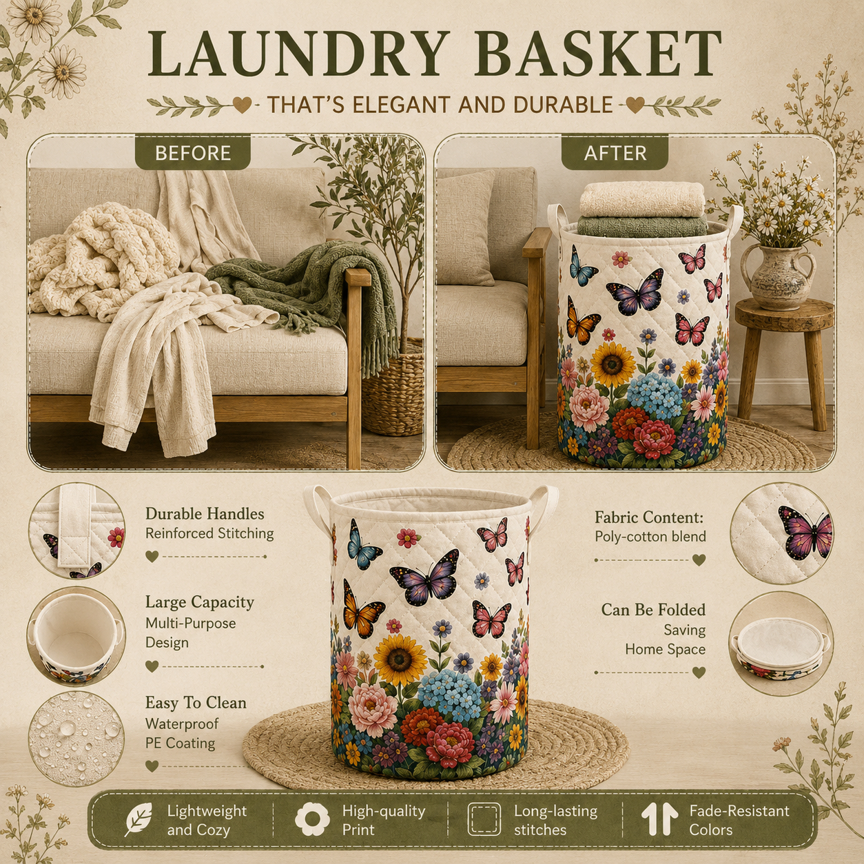 Woodland Animals Quilted Laundry Basket, Forest Nursery Hamper