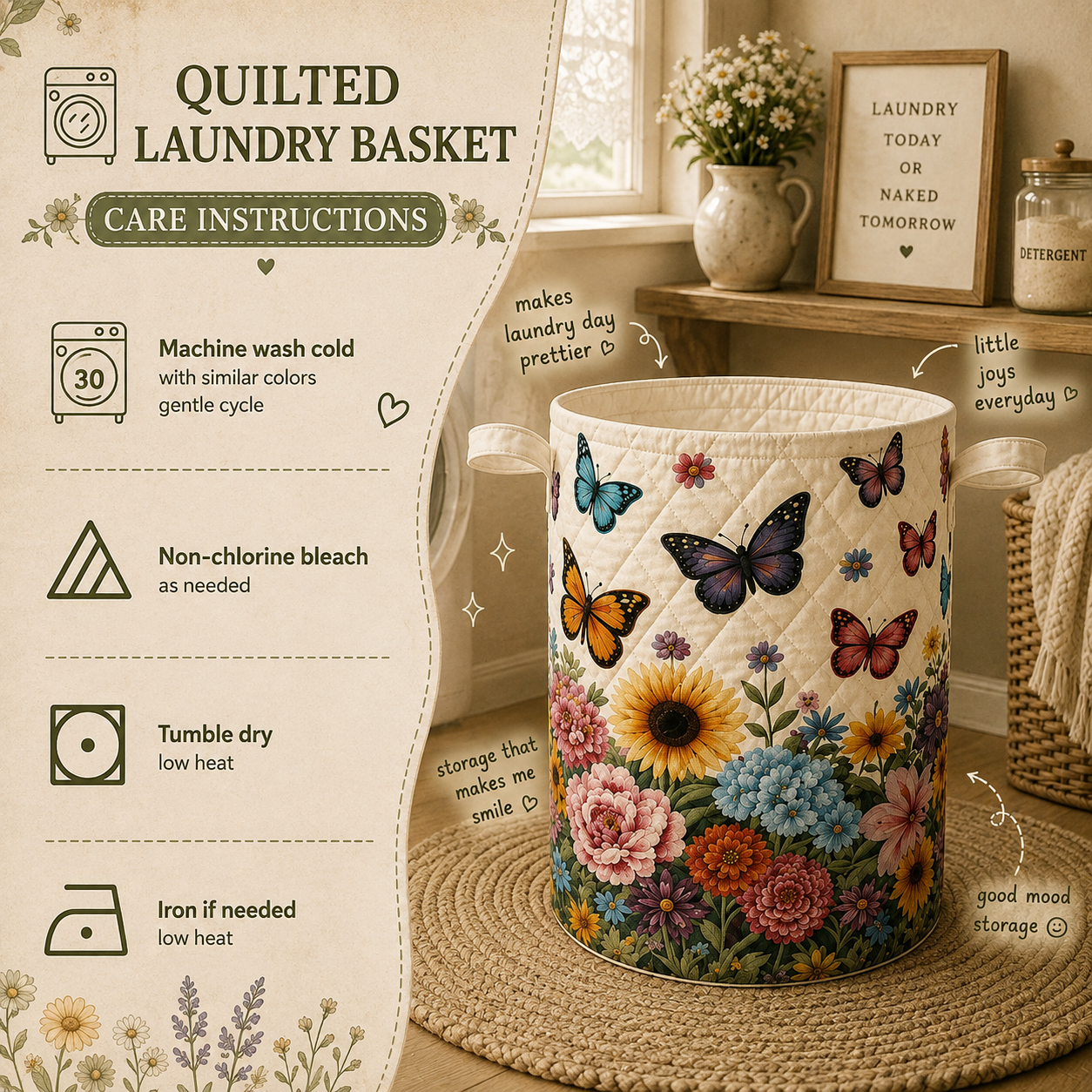Woodland Animals Quilted Laundry Basket, Forest Nursery Hamper