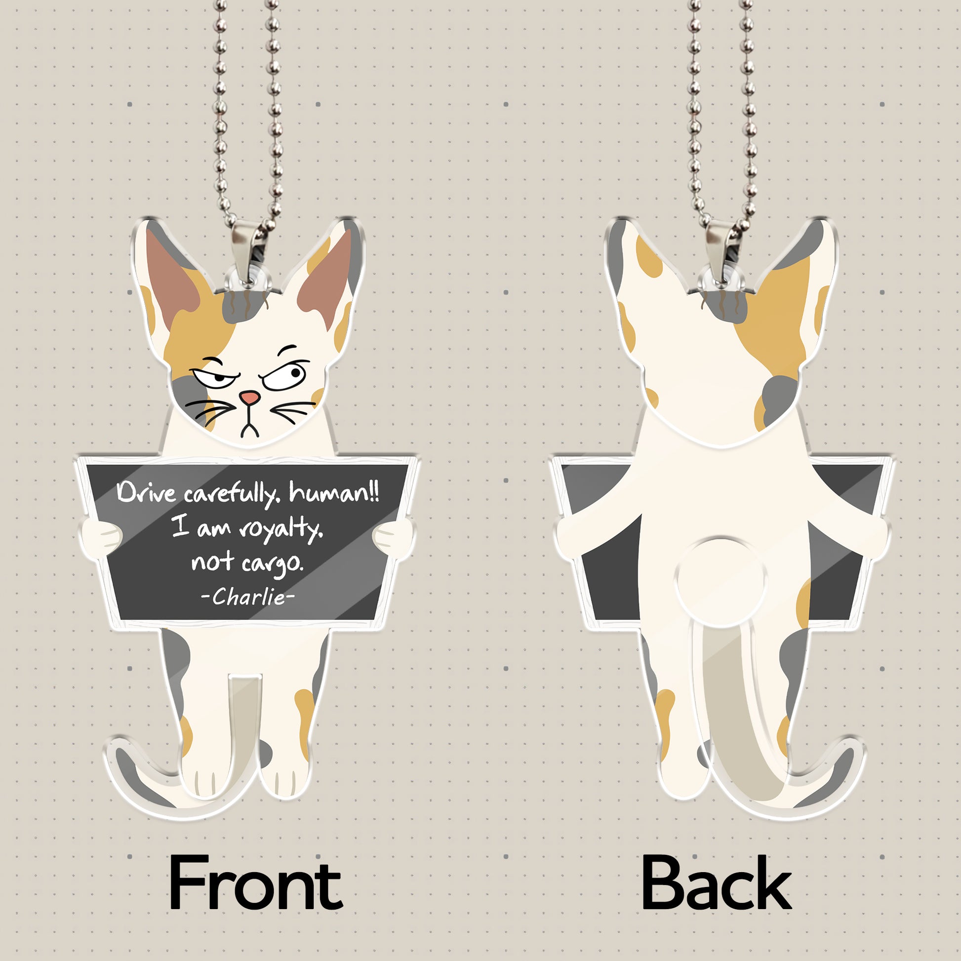 Front and back view of personalized cat swaying ornament made of acrylic, double-sided printed car hanging decor