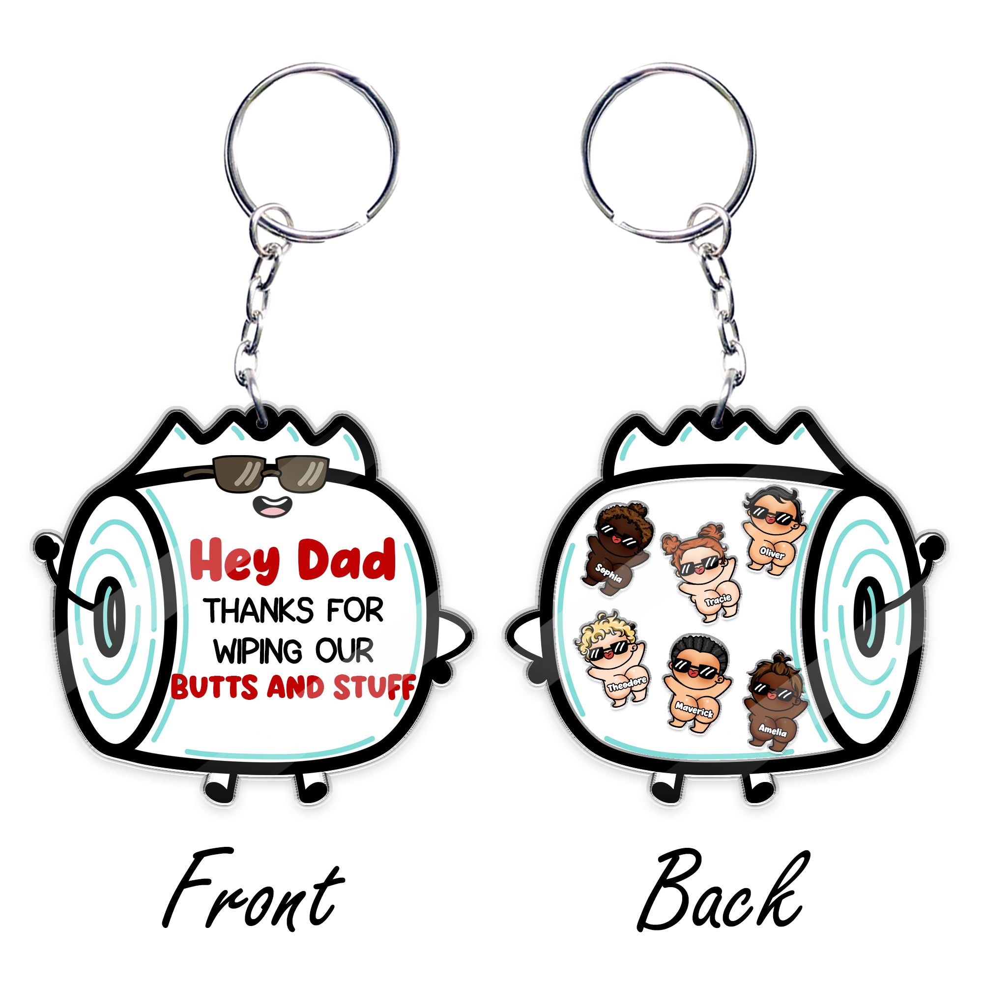 Front and back view of The Little Butts Personalized Acrylic Shaker Keychain - Hilarious Father's Day gift design