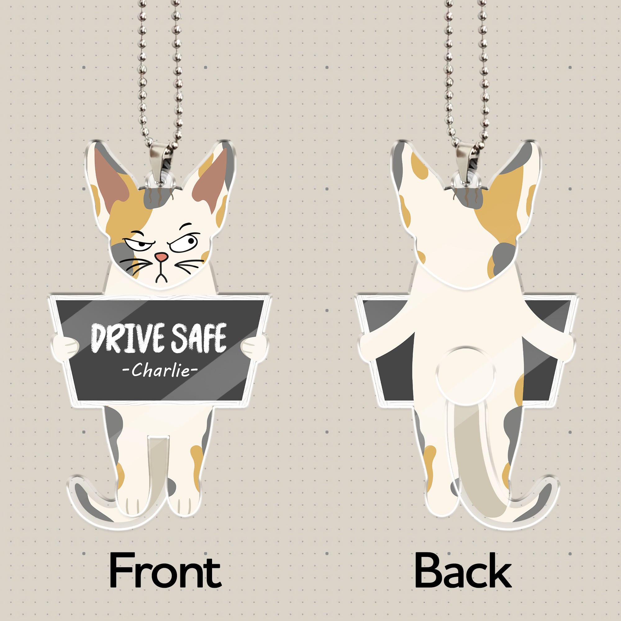 Front and back view of a personalized acrylic swaying cat ornament, showing detailed printing and movable bottom for shaking effect.