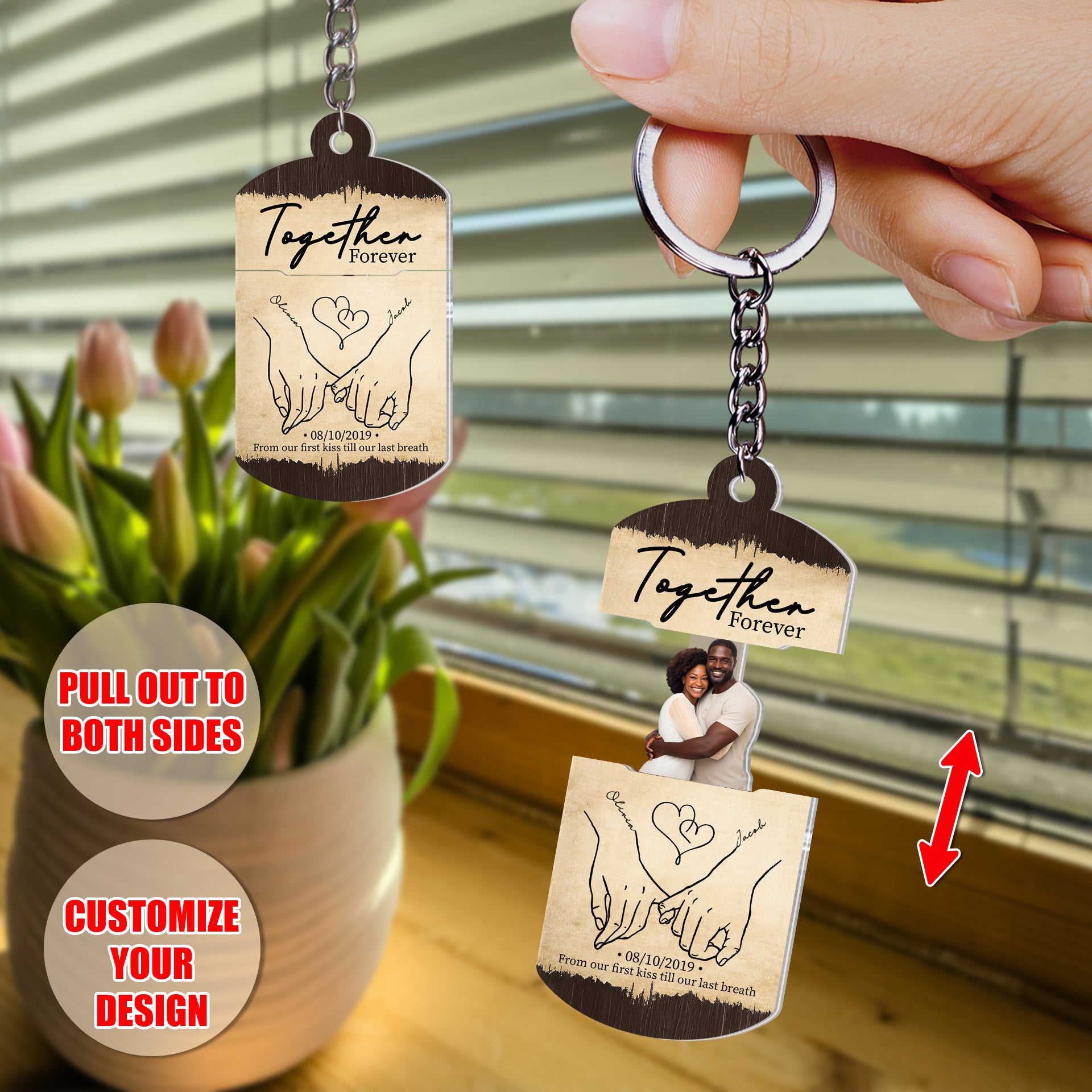 Interactive sliding keychain feature showing how to pull out both sides to reveal a hidden custom couple photo