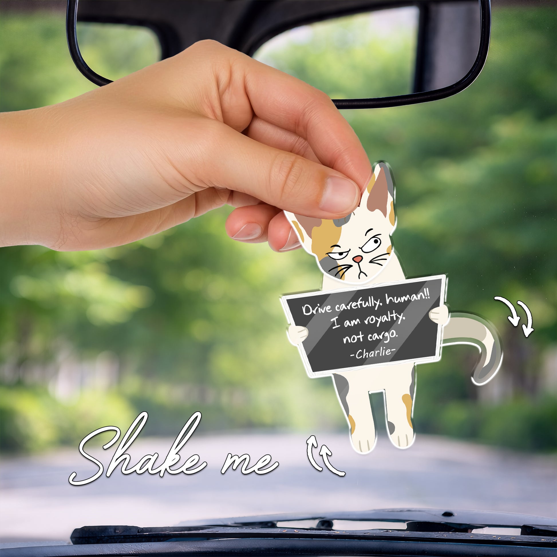 Interactive swaying cat car ornament with shaking tail, funny personalized rearview mirror decor for cat owners
