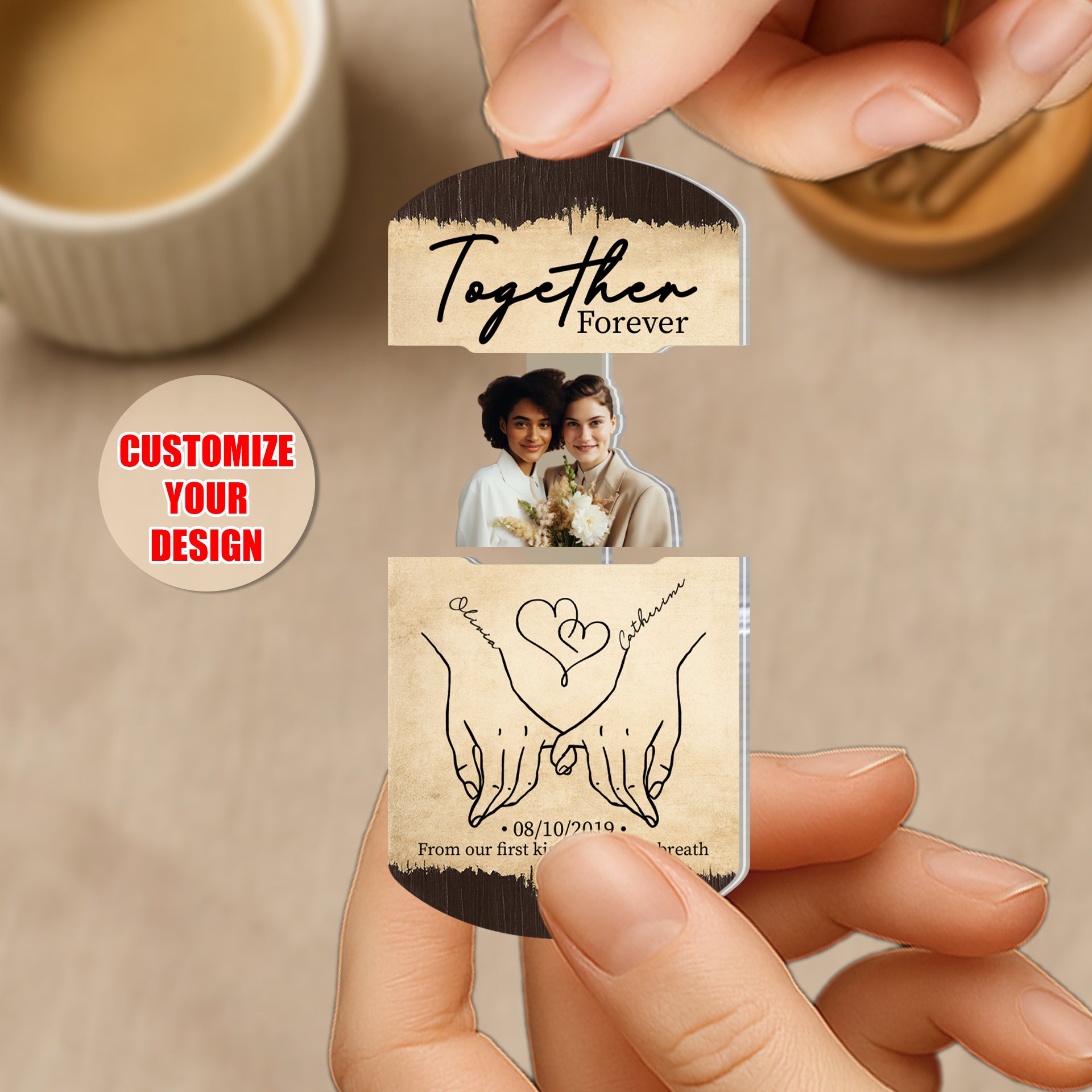 Personalized Sliding Reveal Acrylic Keychain for couples with Together Forever wood texture design and custom photo