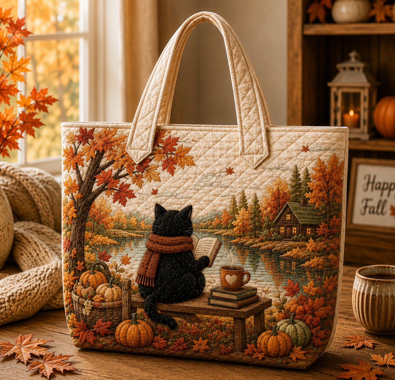 Fall Black Cat Quilted Tote, Cat Lover Gift, Autumn Bag