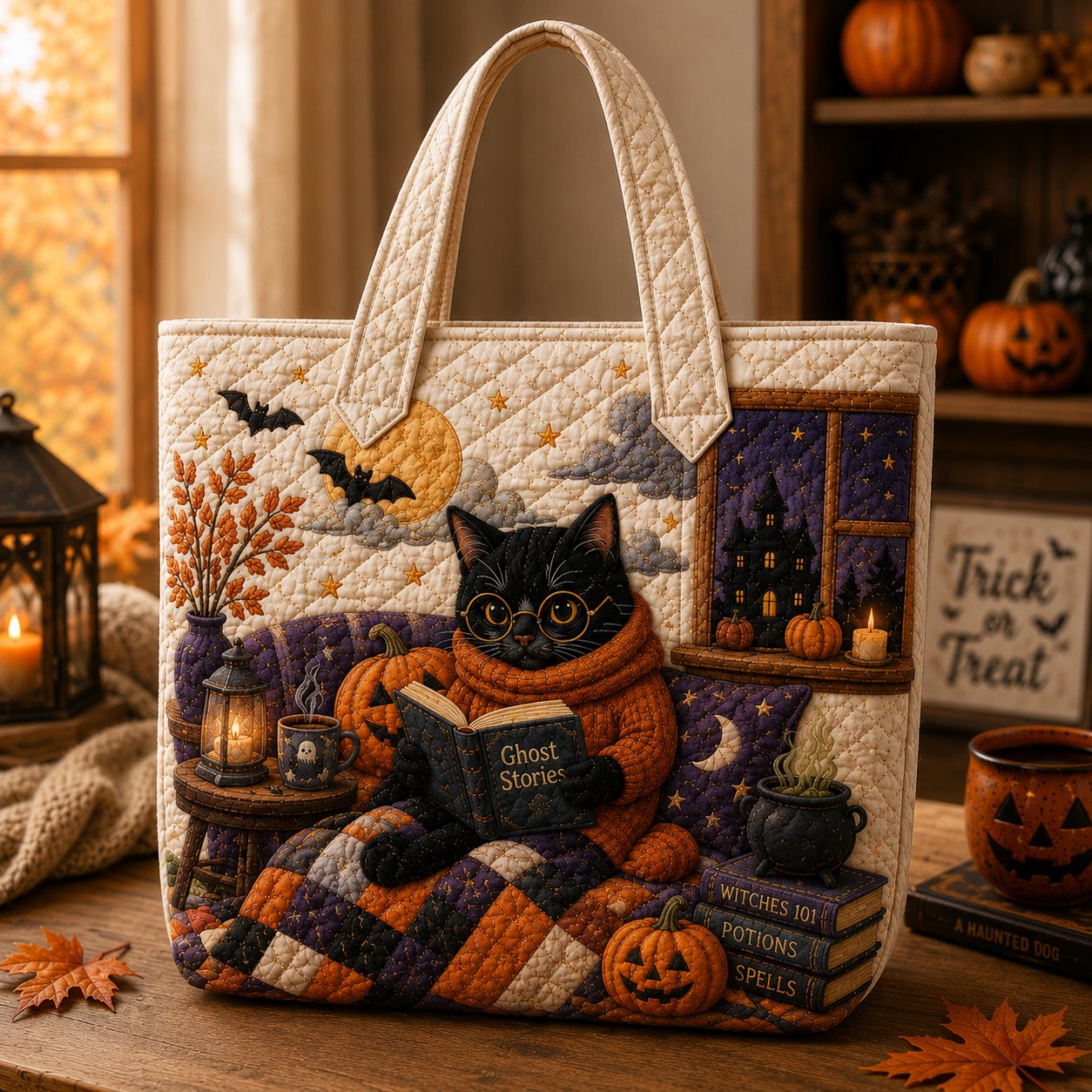 Halloween Black Cat Quilted Tote, Spooky Cat Lover Gift, Book Bag