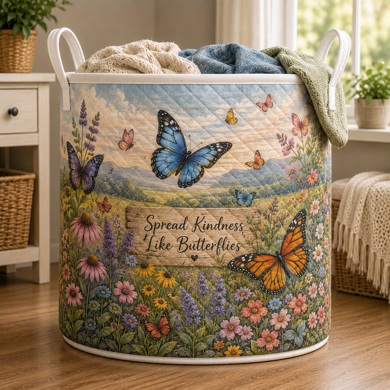 Butterfly Quilted Laundry Basket, Wildflower Floral Hamper, Nursery Decor