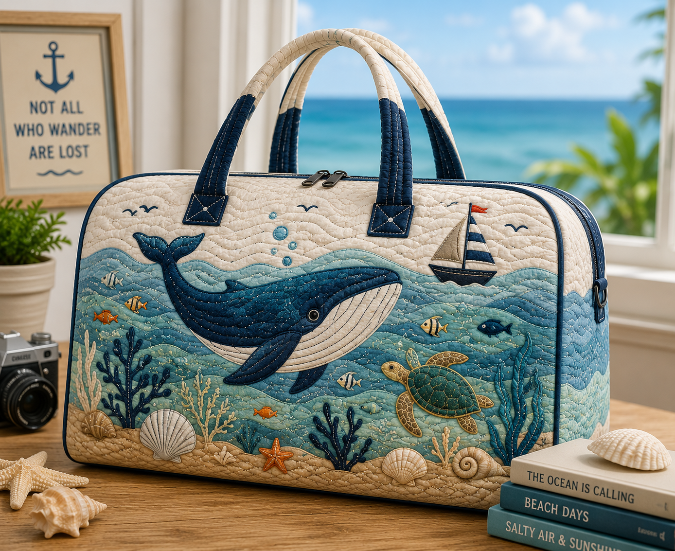 Ocean Whale Quilted Weekender Bag, Coastal Travel Duffel
