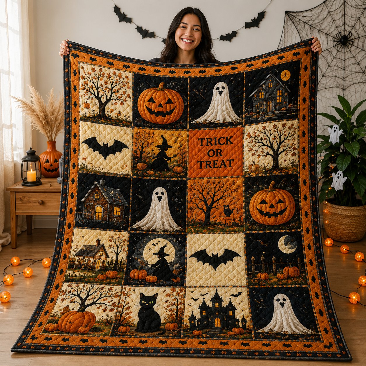 Halloween Pumpkin Ghost Quilted Blanket, Spooky Throw, Witch Gift
