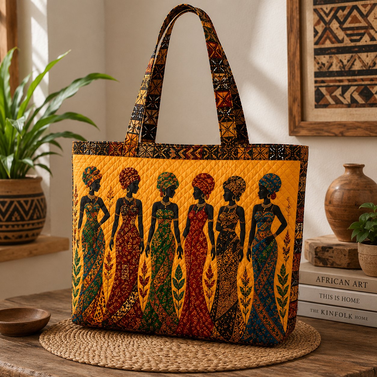 African Women Quilted Tote, Afrocentric Tribal Print Bag, Gift for Her