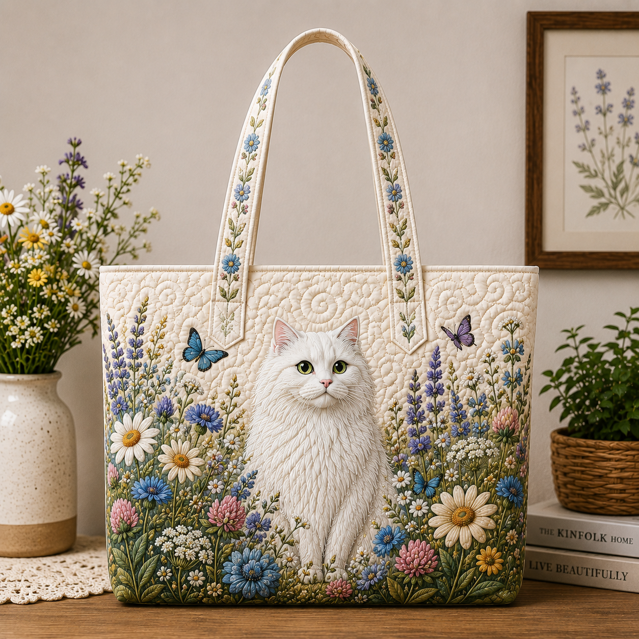 White Cat Quilted Tote Bag, Cottagecore Floral, Cat Lover Gift