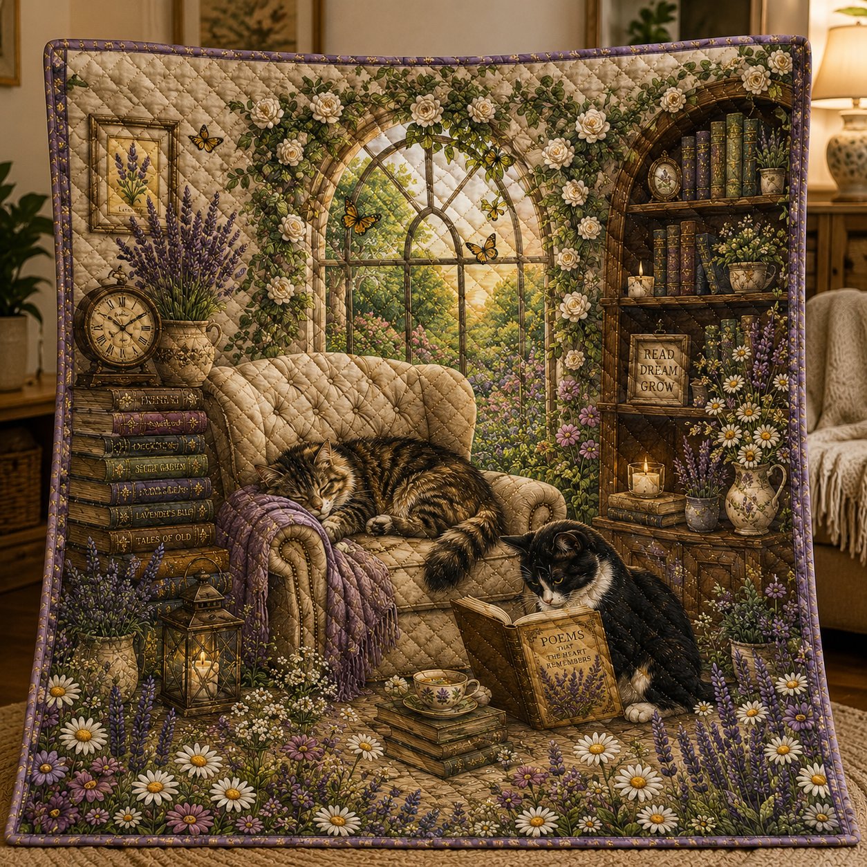 Cat Lover Quilted Blanket, Cozy Reading Nook Blanket, Book Lover Gift, Cottagecore Cat Quilt, Lavender Library Throw