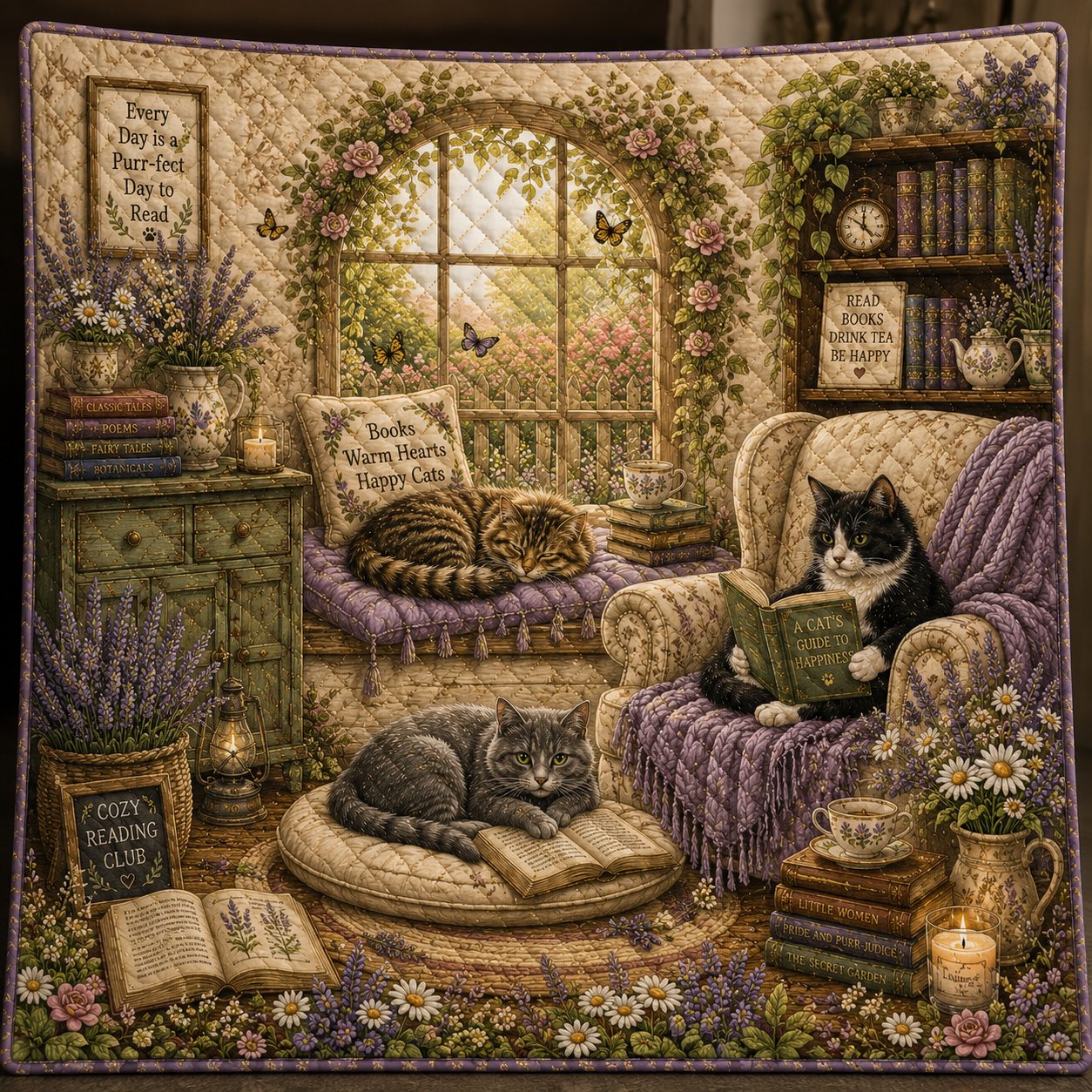 Cat Lover Quilted Blanket, Cottagecore Throw, Book Lover Gift