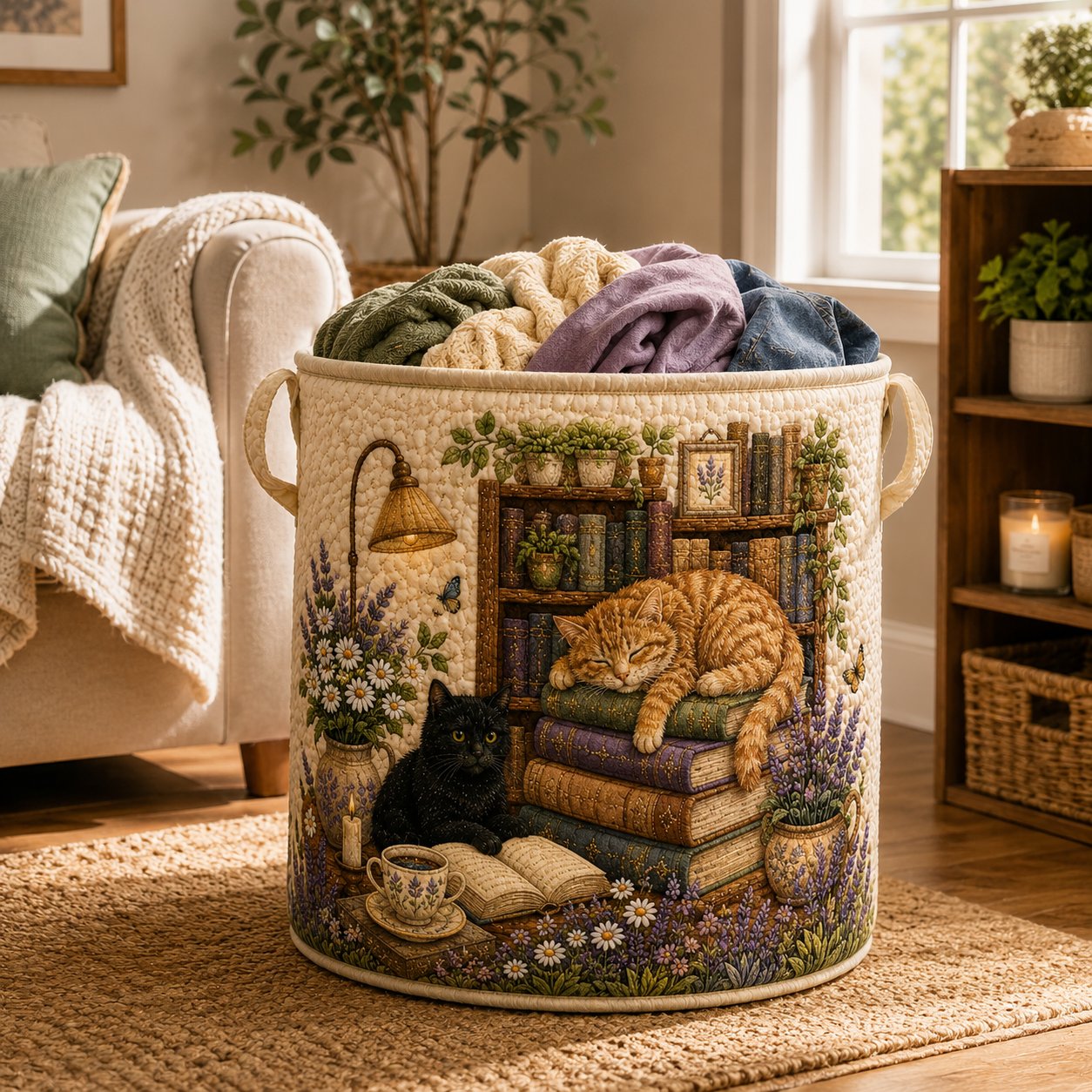 Cat Quilted Laundry Basket, Book Lover Storage, Cottagecore Decor