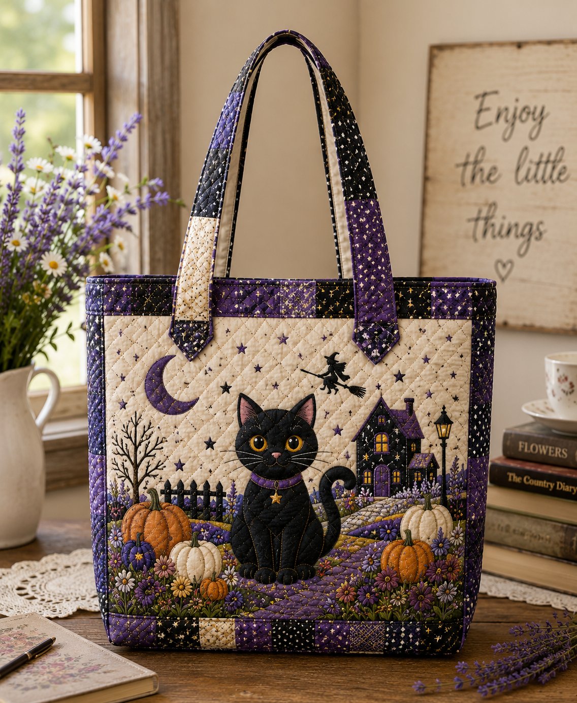 Halloween Quilted Tote Bag, Black Cat Witch Pumpkin, Gift for Her