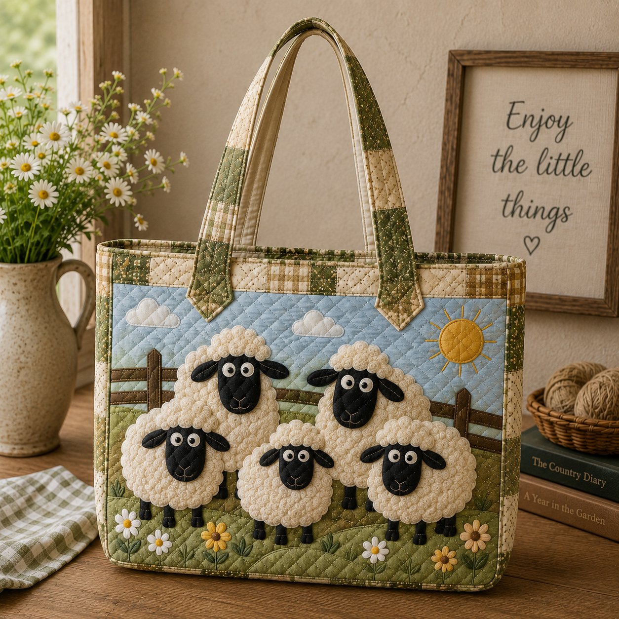 Sheep Quilted Tote Bag, Cottagecore Farmhouse, Lamb Gift for Her