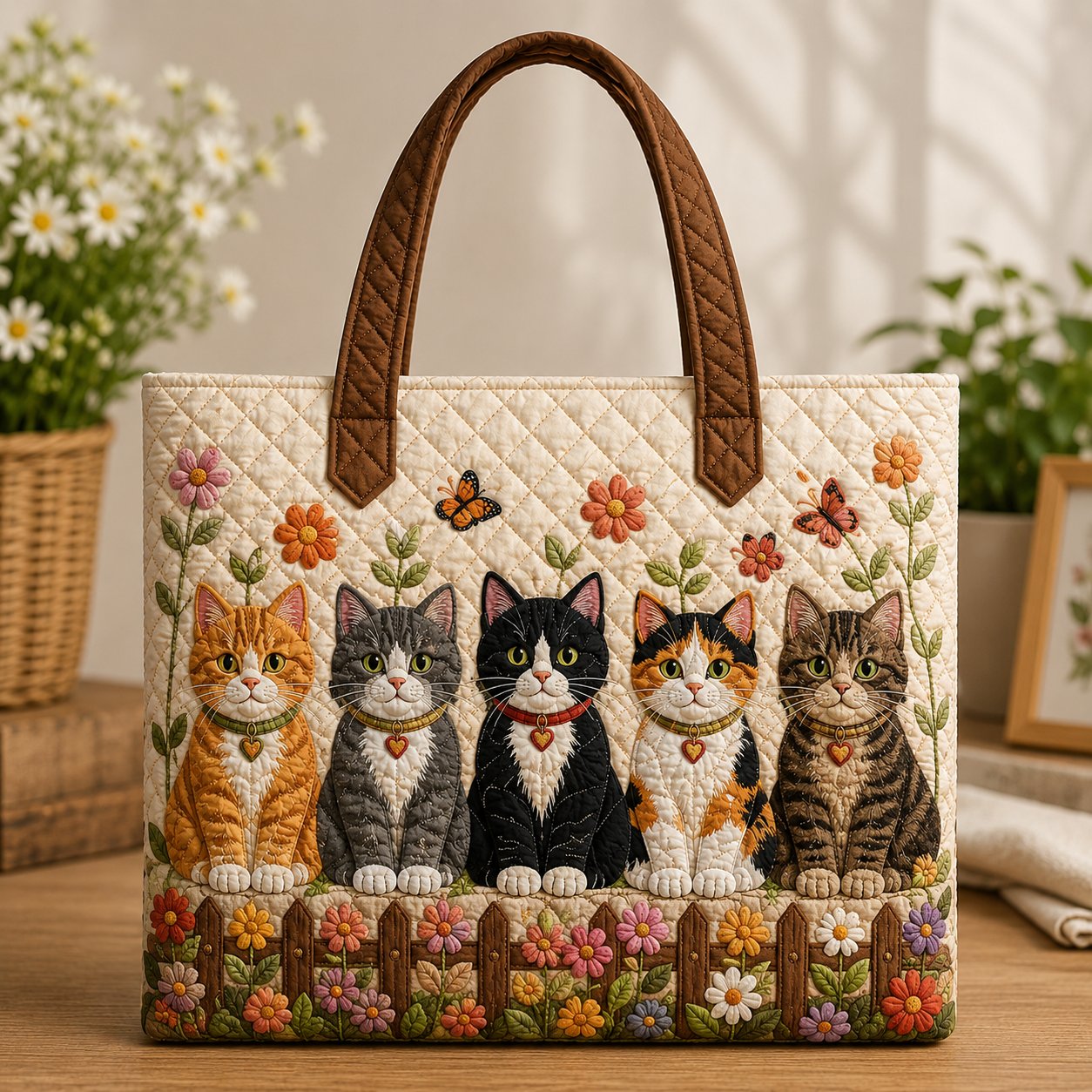 Cat Quilted Tote Bag, Floral Garden, Gift for Cat Moms, Everyday Bag