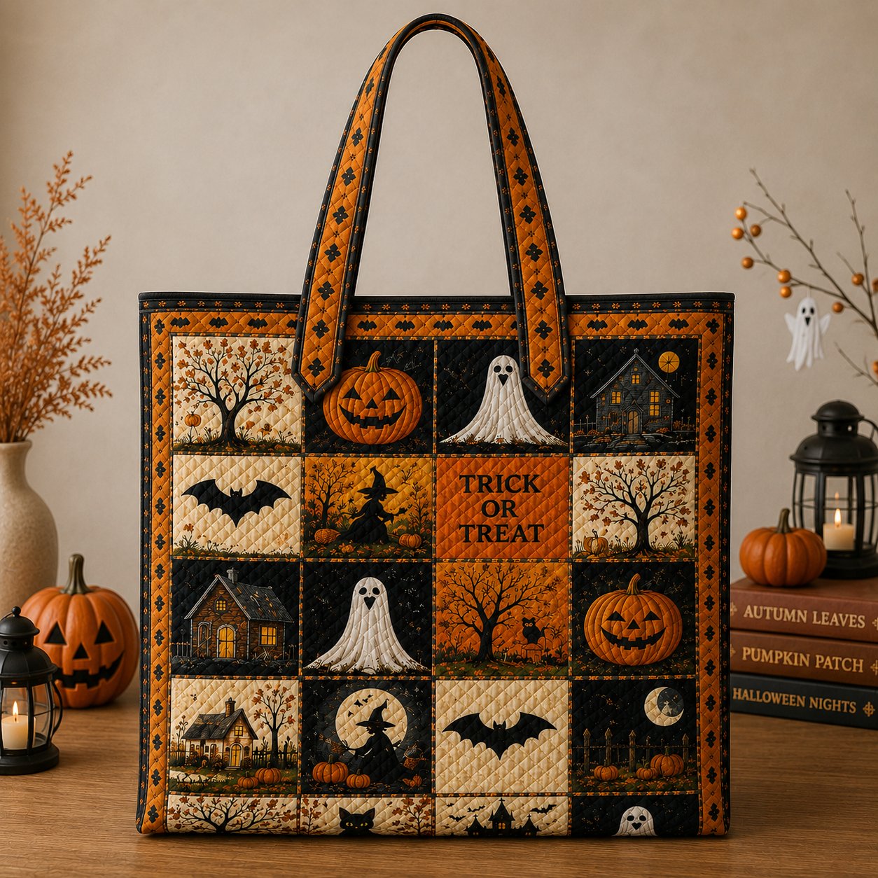 Halloween Quilted Tote Bag, Spooky Pumpkin Patchwork, Fall Gift for Her