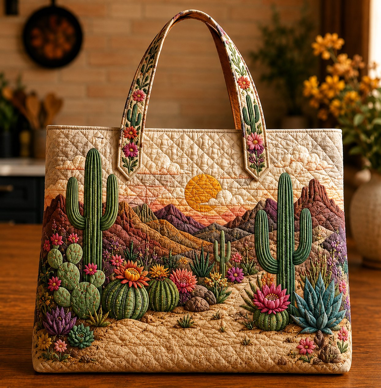Desert Cactus Quilted Tote Bag, Custom Name, Gift for Her, Southwest