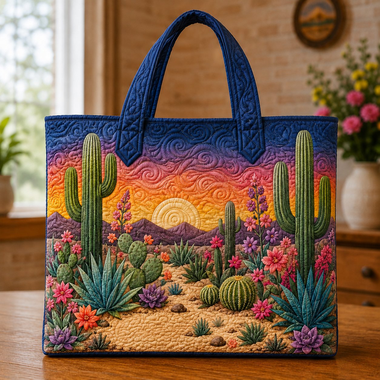 Desert Sunset Quilted Tote, Custom Cactus Bag, Arizona Gift for Her