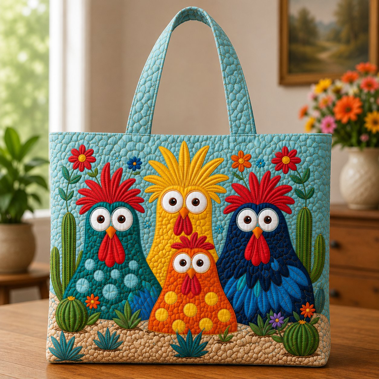 Funny Chicken Quilted Tote Bag, Colorful Rooster, Gift for Her