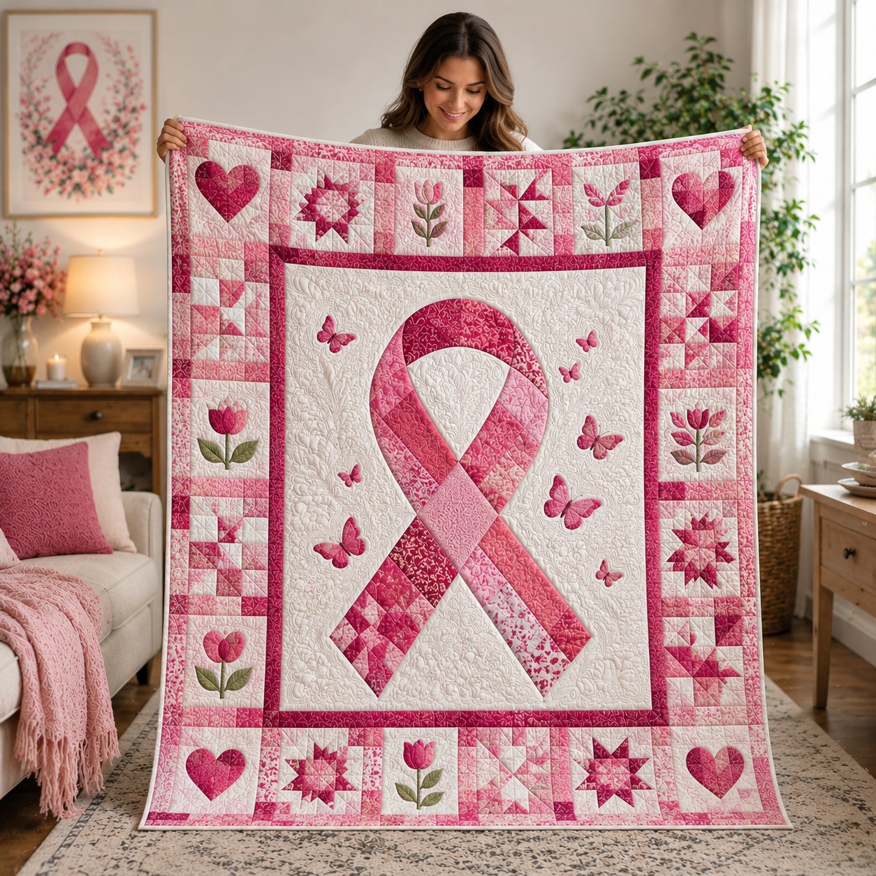 Breast Cancer Awareness Quilt, Pink Ribbon Survivor Gift, Hope Throw