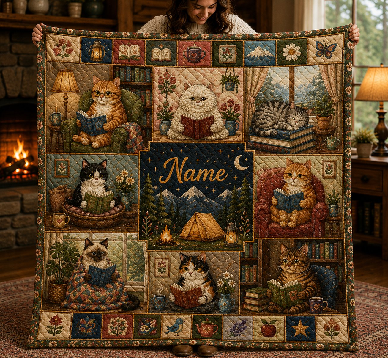 Personalized Cat Quilt, Custom Name Bookworm Throw, Gift for Her