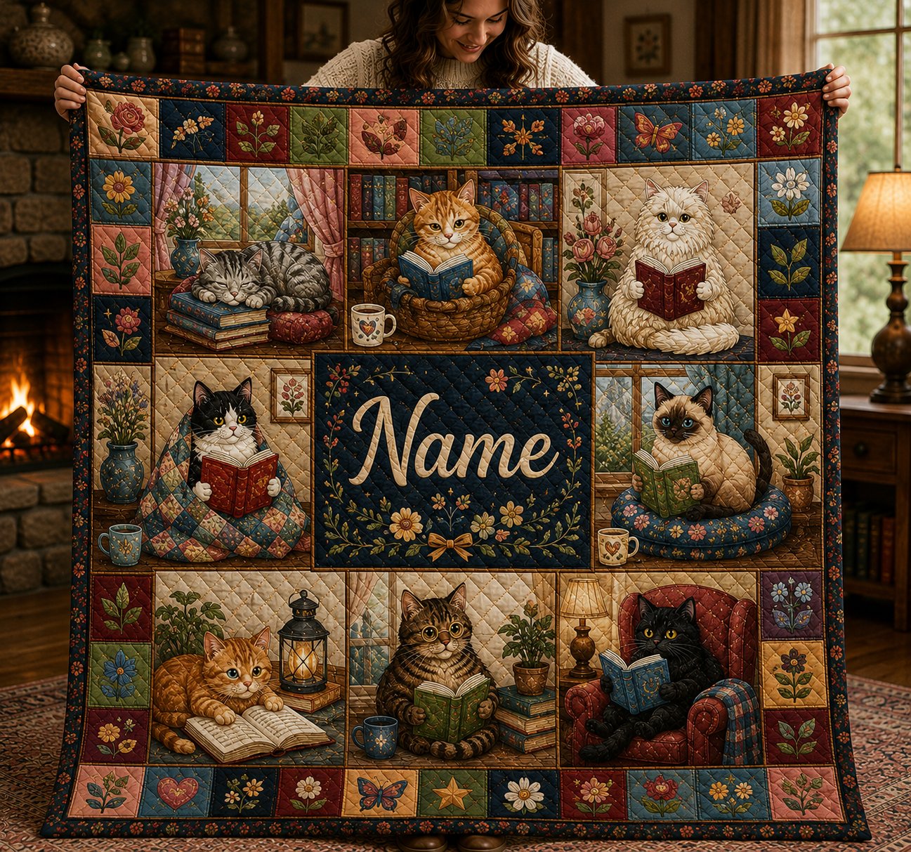 Personalized Cat Quilt, Reading Cats Blanket, Custom Name Cat Lover Gift, Bookworm Cozy Throw Blanket