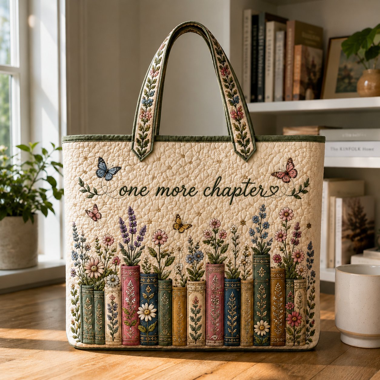 Floral Book Quilted Tote Bag, Vintage Library Design, Gift for Book Lovers