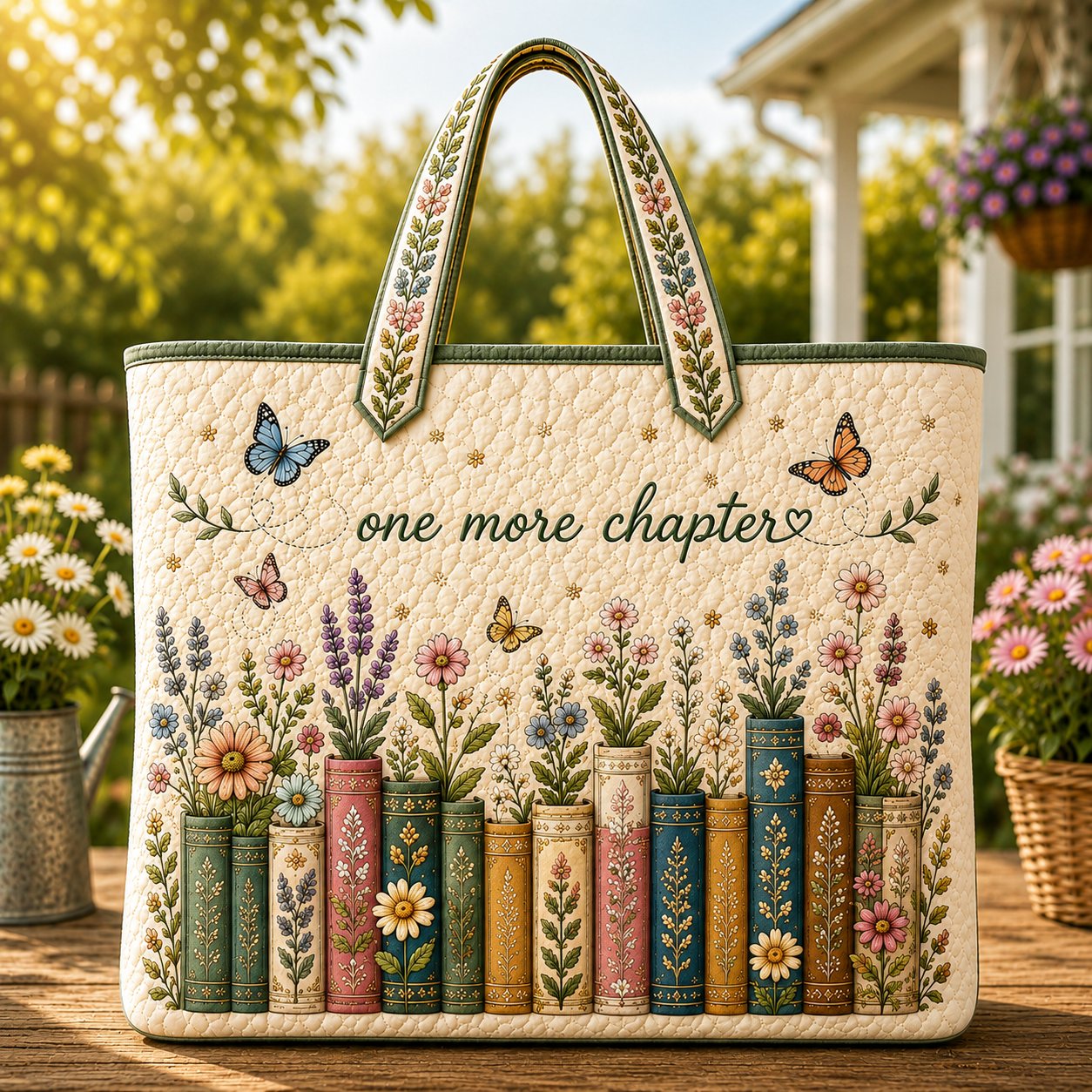 Floral Book Quilted Tote Bag, Vintage Library Design, Gift for Book Lovers