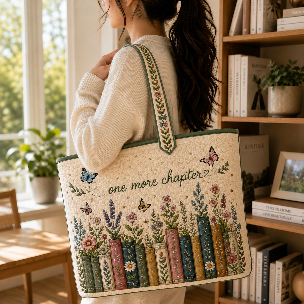 Floral Book Quilted Tote Bag, Vintage Library Design, Gift for Book Lovers