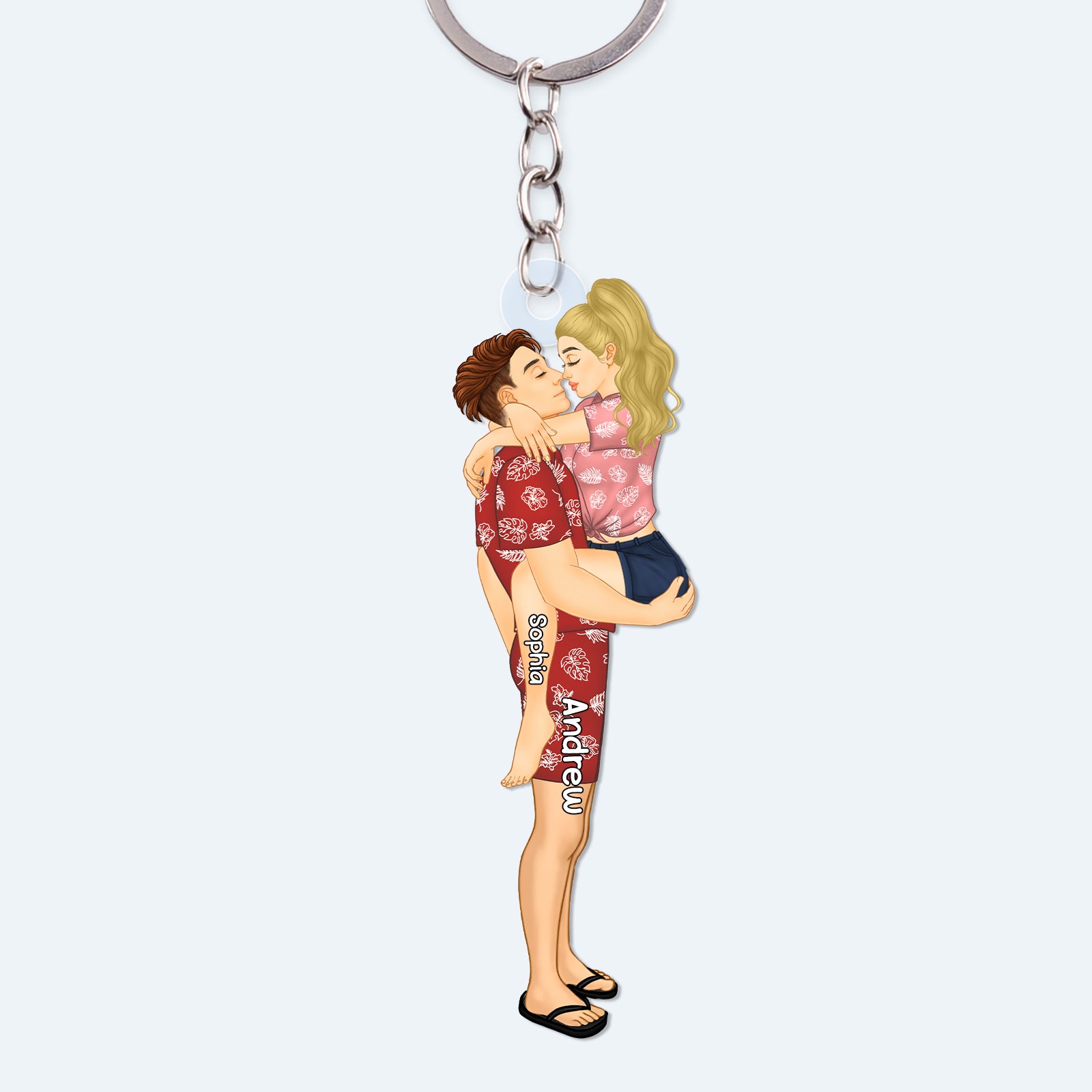Personalized acrylic keychain featuring a romantic illustration of a couple kissing