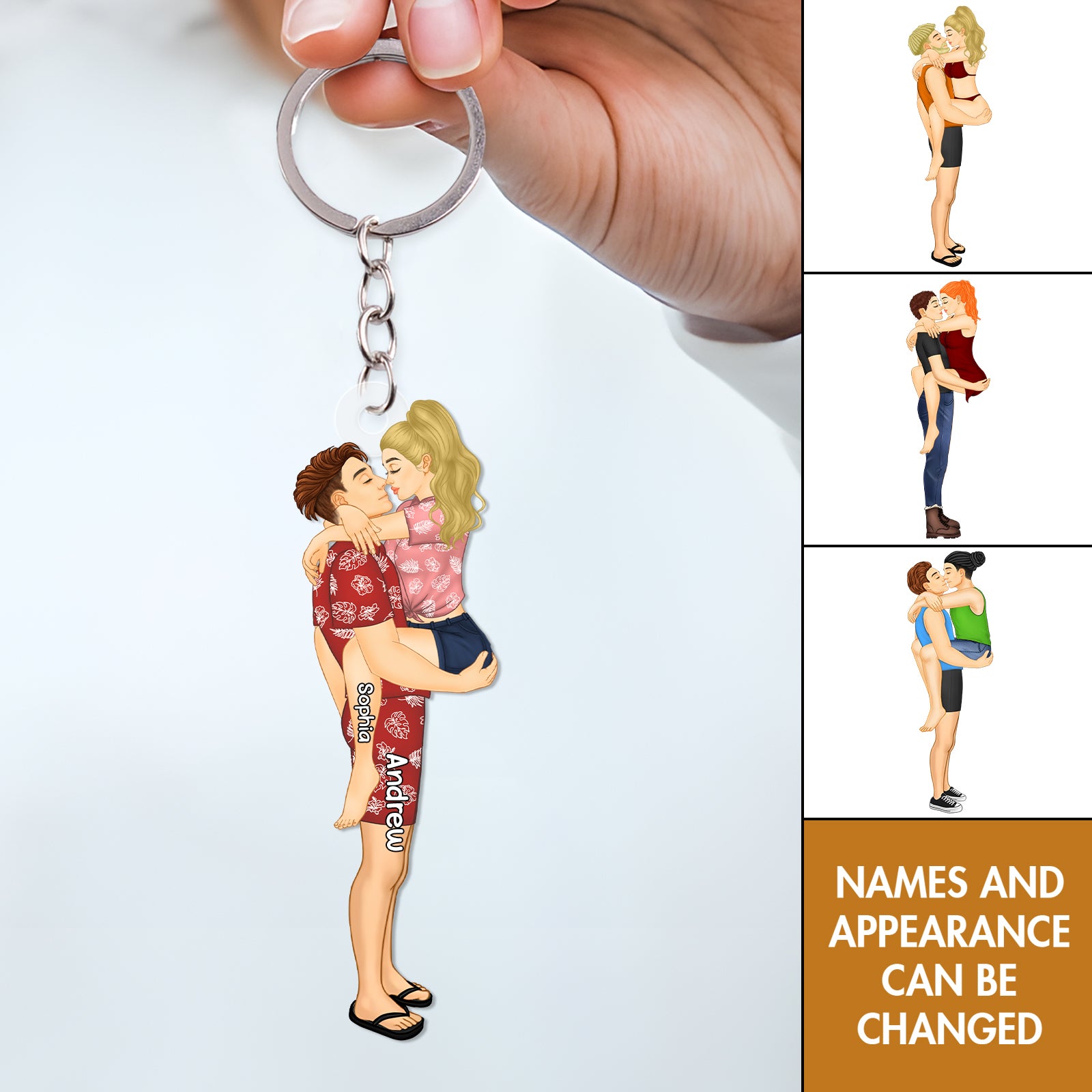 Example of custom name placement on a personalized couple kissing keychain for Sophia and Andrew