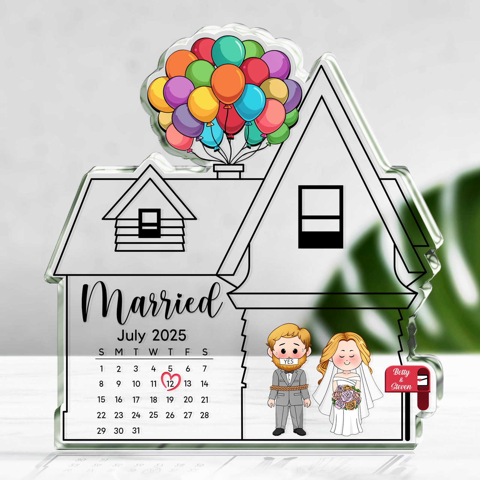 Personalized acrylic wedding plaque featuring a house with colorful balloons, custom bride and groom characters