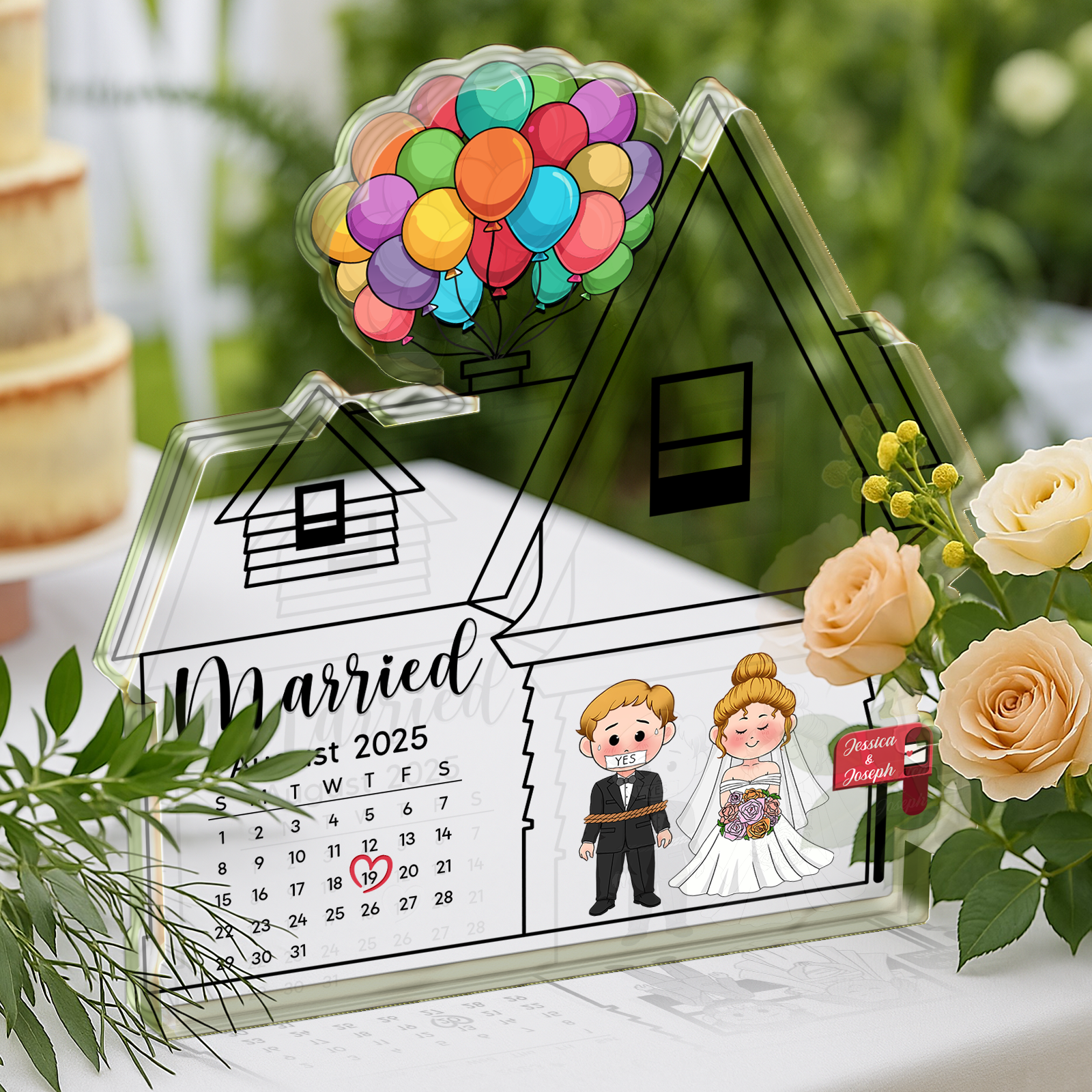 Custom cartoon bride and groom characters next to a personalized red mailbox