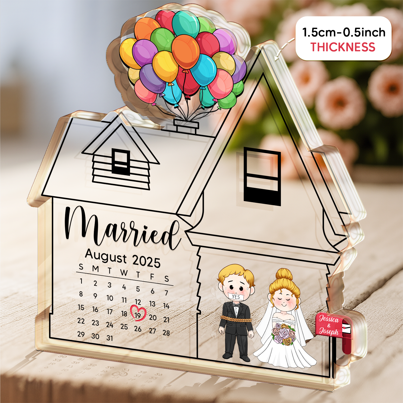 High-quality clear acrylic plexiglass plaque with vibrant UV printed balloons and house outline for wedding decor