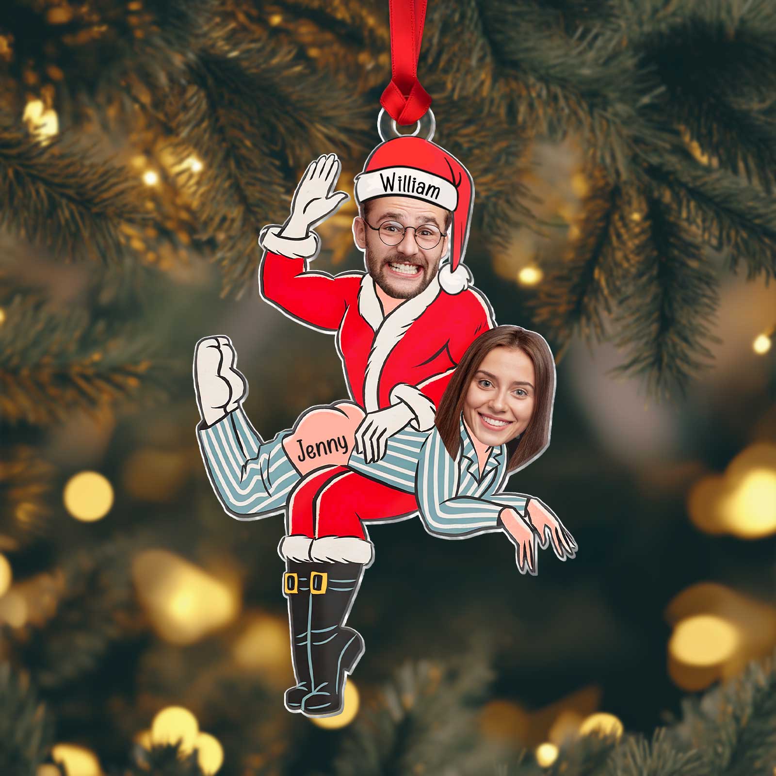 Personalized funny Santa couple acrylic ornament featuring custom faces
