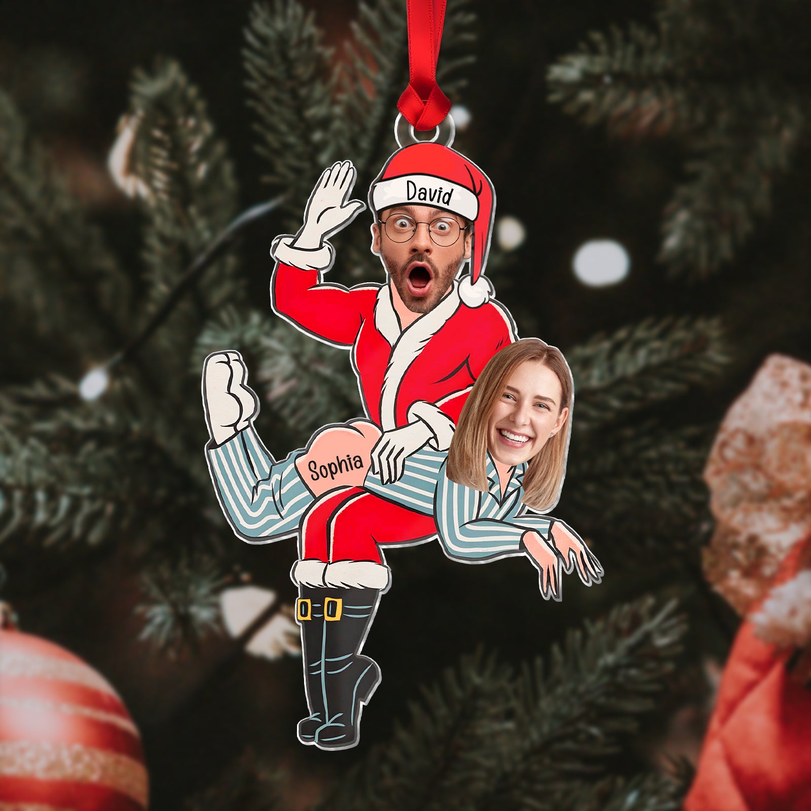 Infographic showing how to upload personal photos and add custom names to a funny Christmas Santa ornament