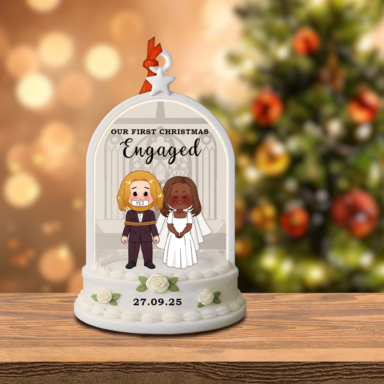 Personalized 2-layered wooden Christmas ornament with custom characters and Our First Christmas Engaged text