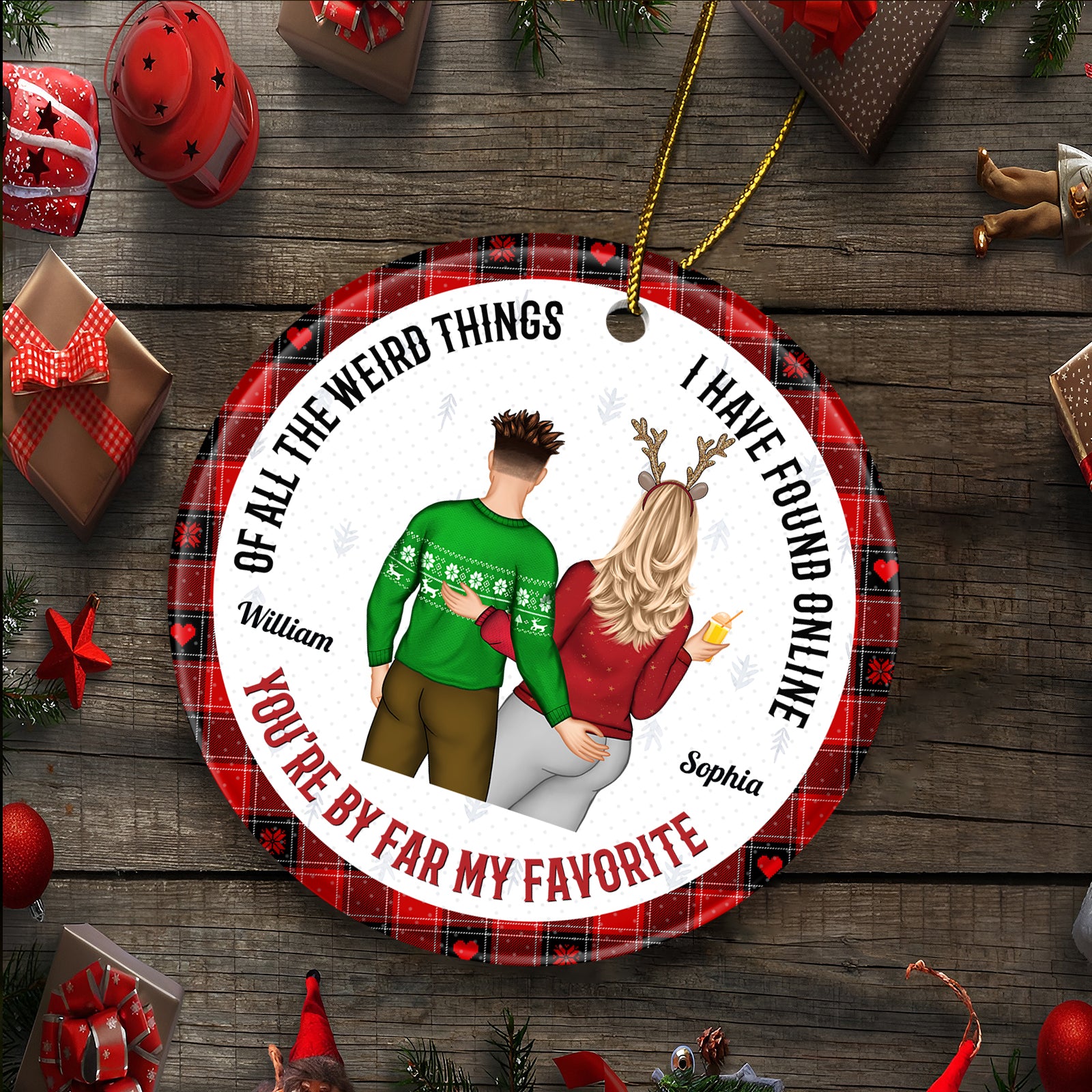 Close-up of premium UV printing on a ceramic ornament showing a couple in festive green and red sweaters against a holiday background