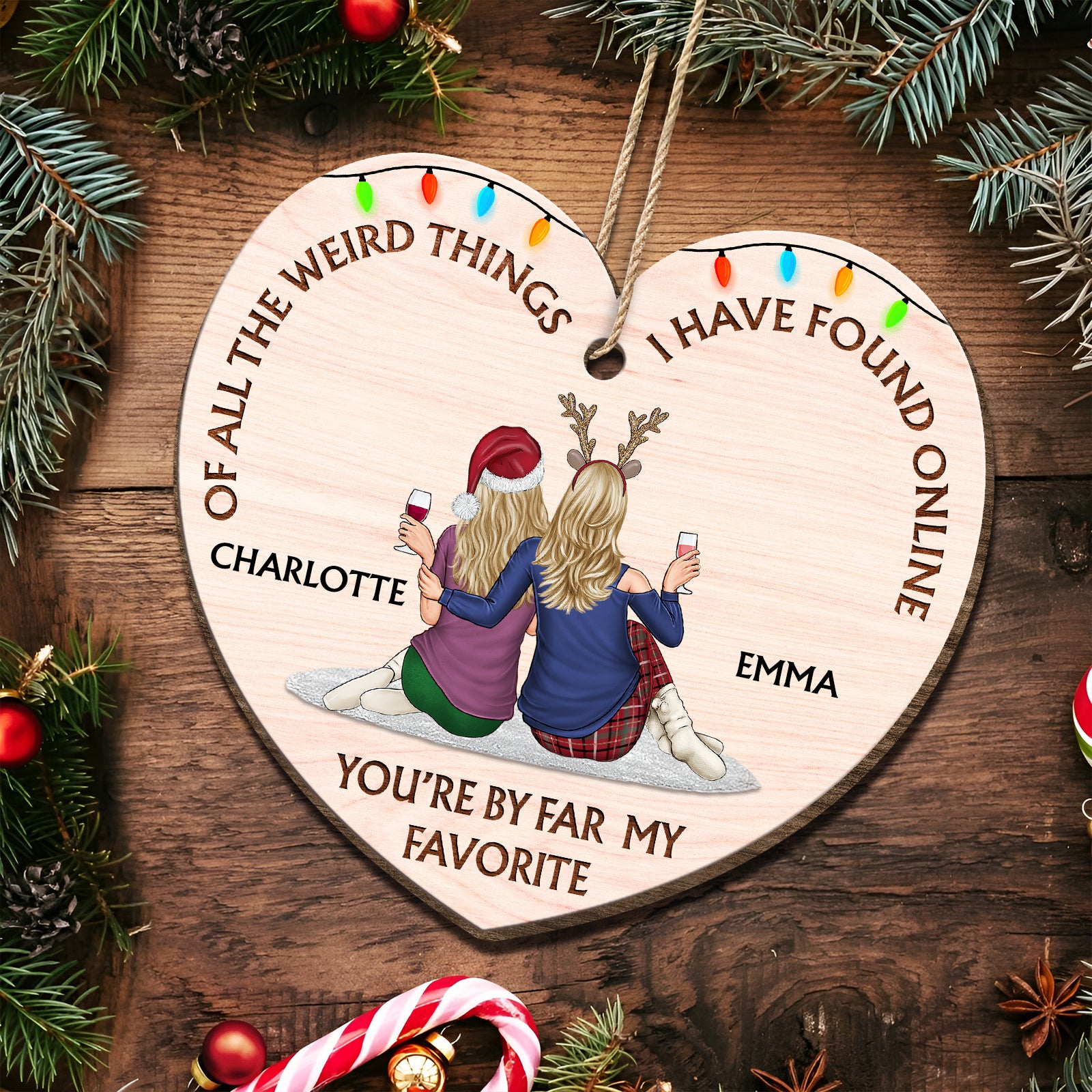 Example of custom name placement and romantic couple illustration on a 4-inch wooden heart holiday gift