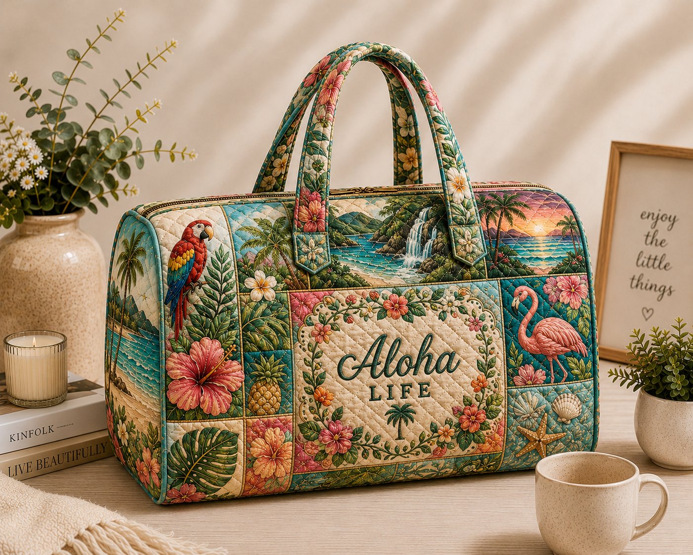 Tropical Flamingo Quilted Weekend Bag, Hawaiian Beach Tote, Travel Gift