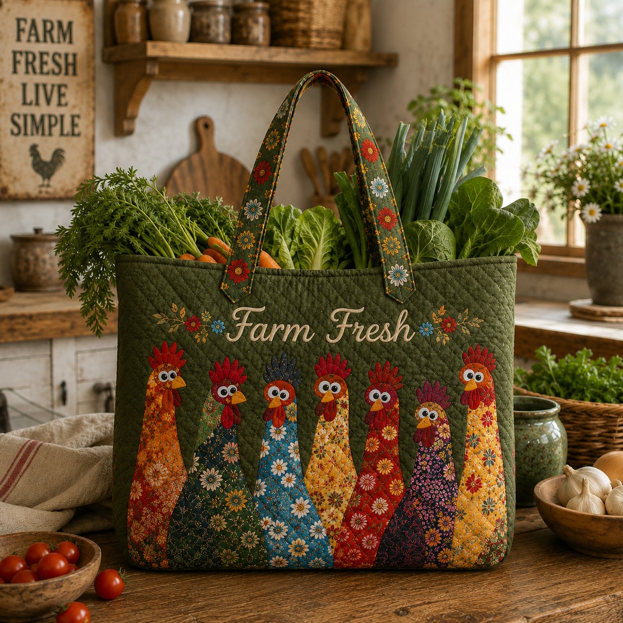 Chicken Quilted Tote Bag, Colorful Farmhouse, Gift for Her Mom
