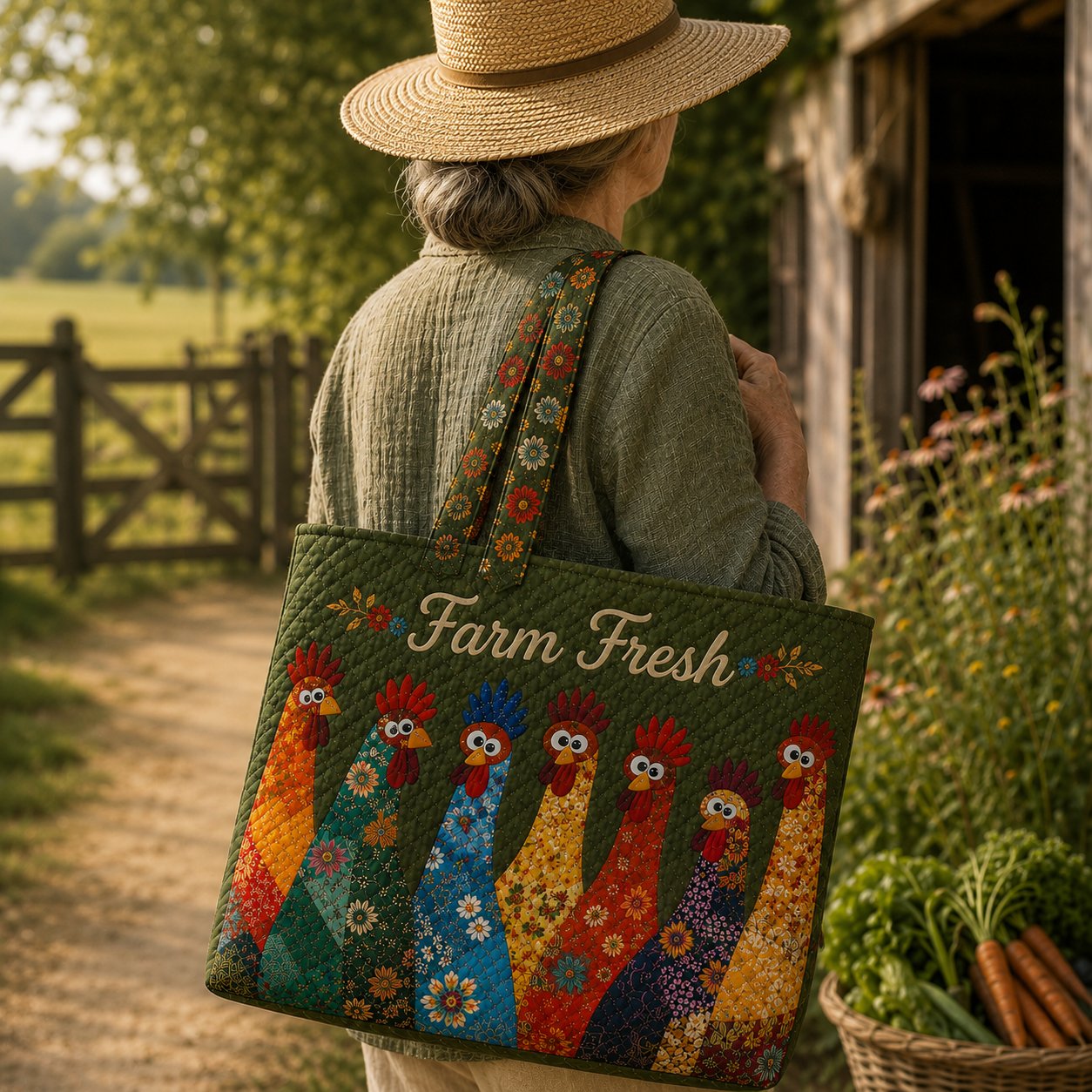 Chicken Quilted Tote Bag, Colorful Farmhouse, Gift for Her Mom