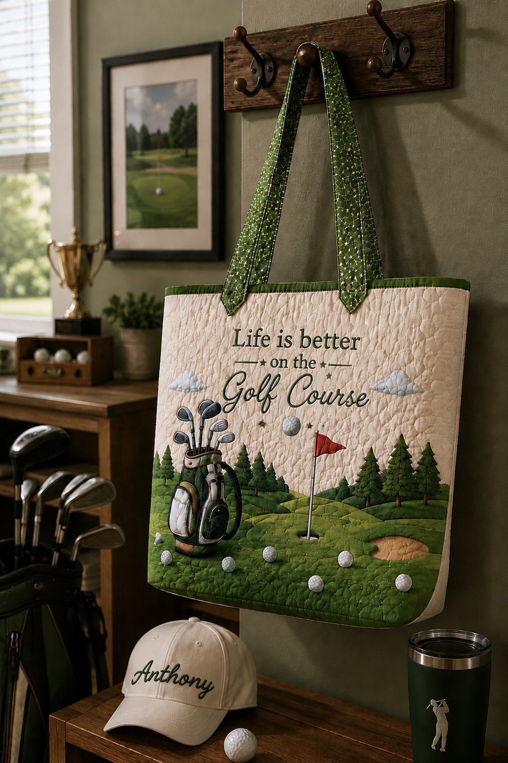 Golf Quilted Tote Bag with Golf Cart Print for Women Golfers and Weekend Golf Days