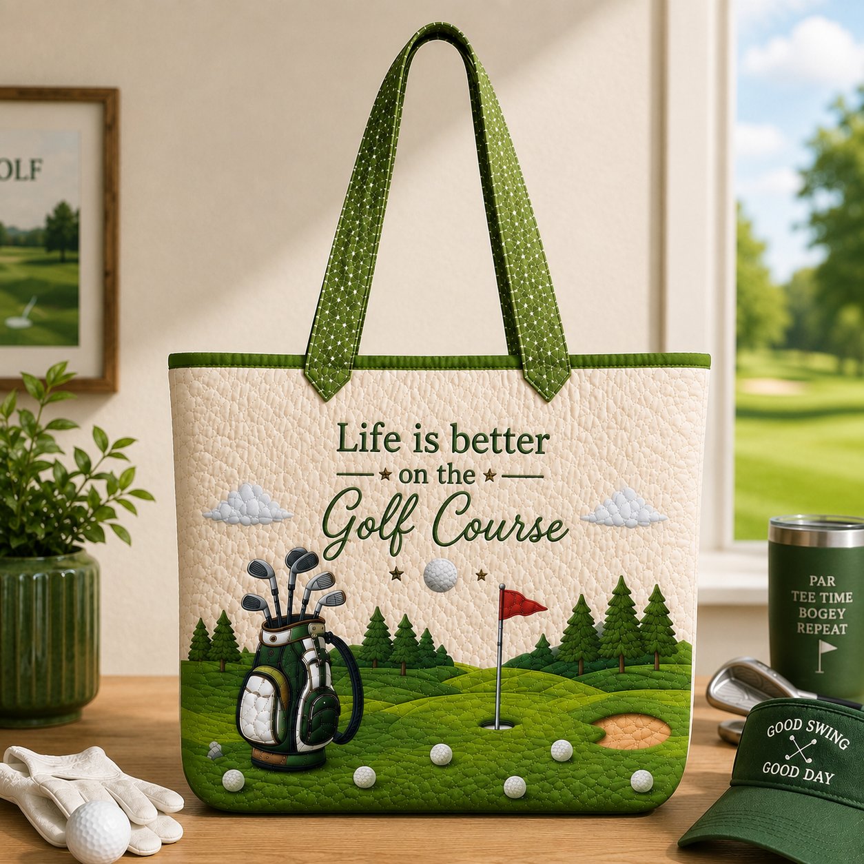 Golf Quilted Tote Bag with Golf Cart Print for Women Golfers and Weekend Golf Days