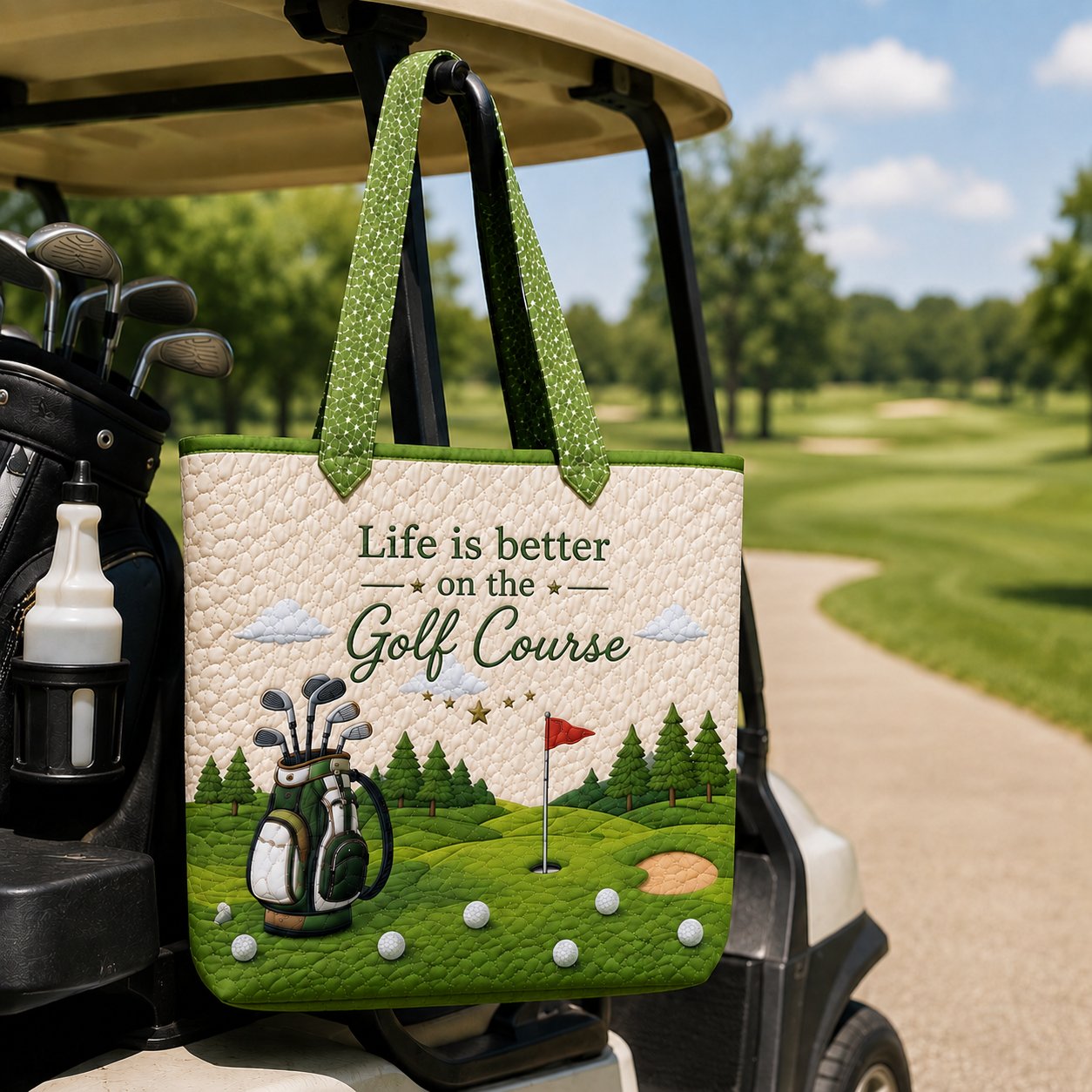 Golf Quilted Tote Bag with Golf Cart Print for Women Golfers and Weekend Golf Days