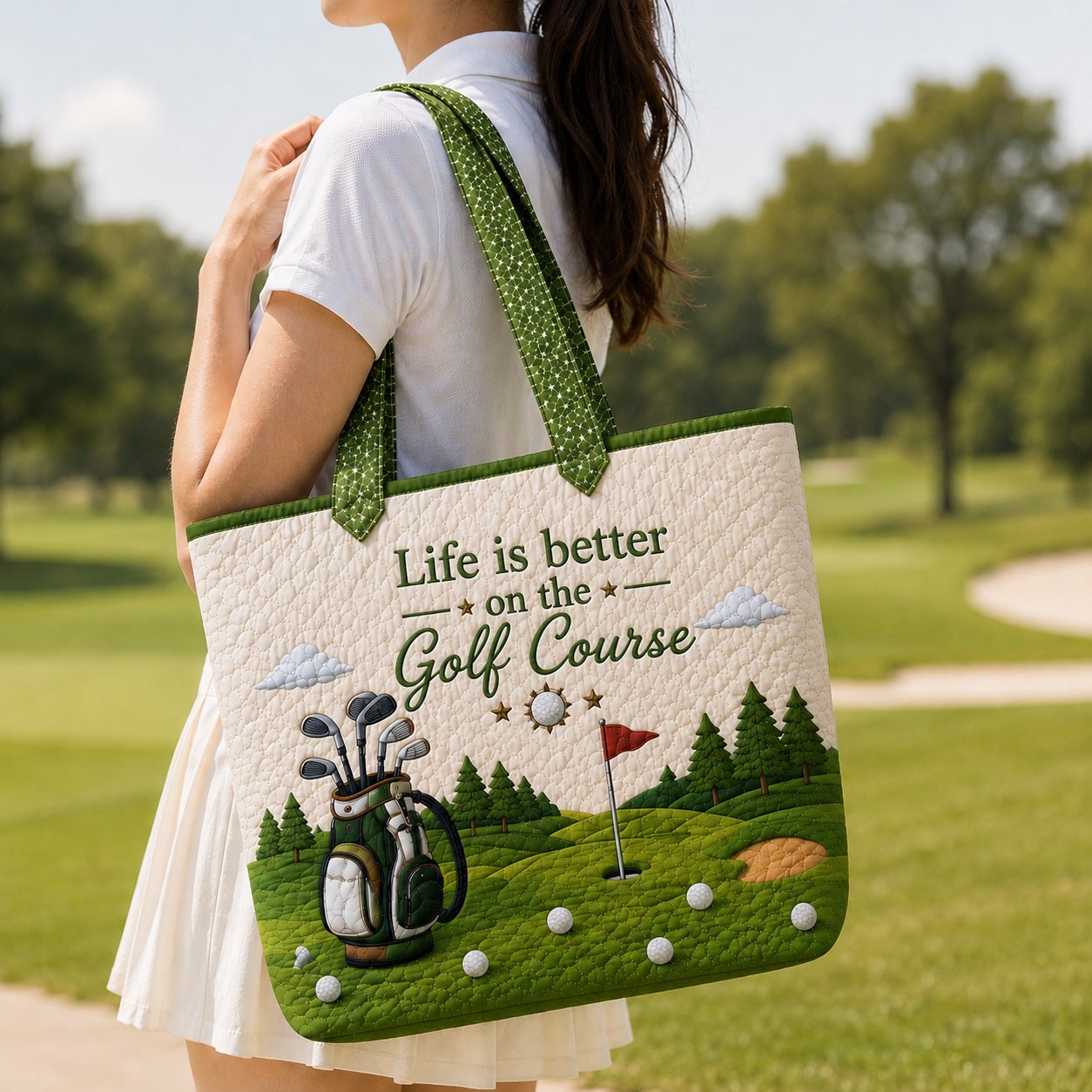 Golf Quilted Tote Bag with Golf Cart Print for Women Golfers and Weekend Golf Days
