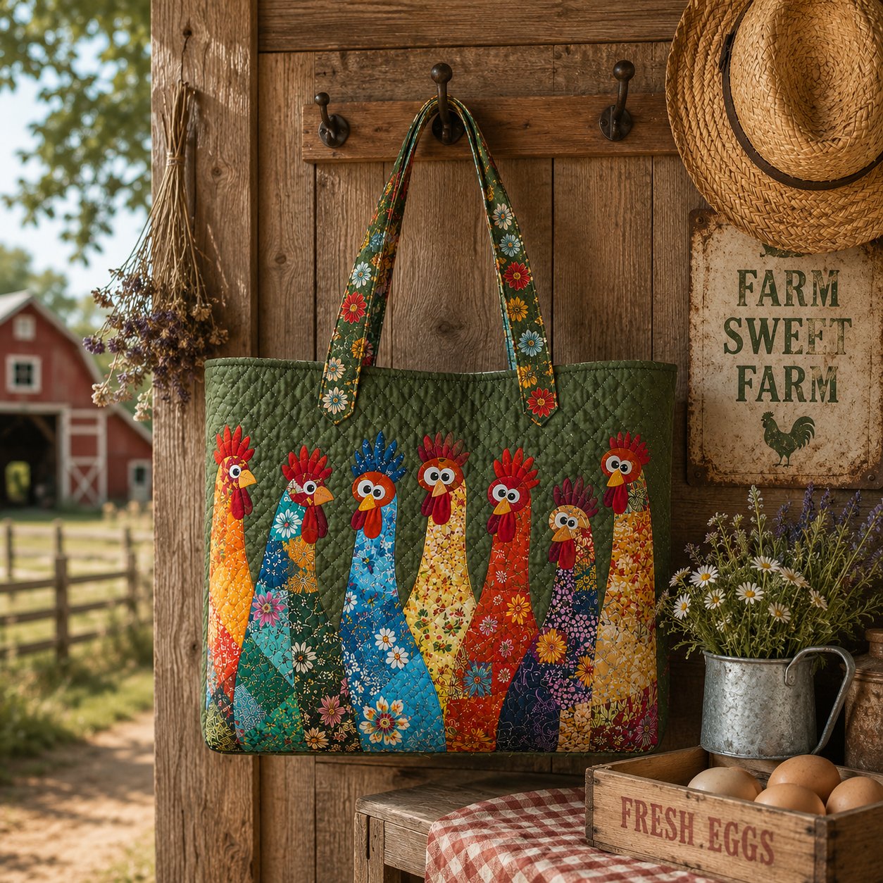 Chicken Quilted Tote Bag, Colorful Farmhouse, Gift for Her Mom